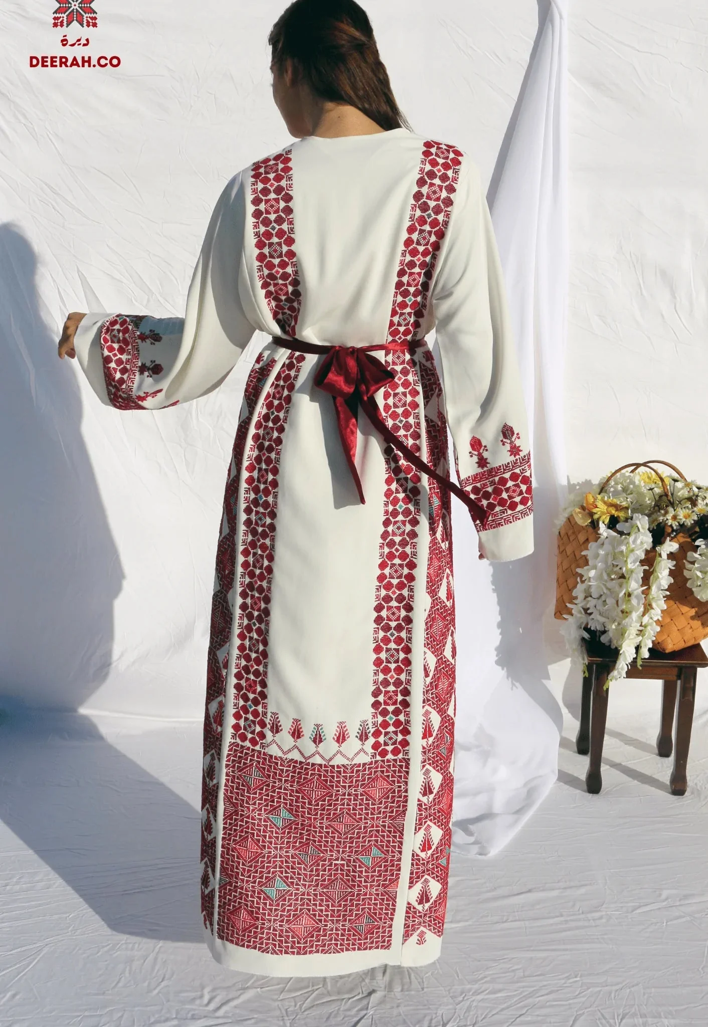 Eman - Hand-Embroidered White Palestinian Wedding Thobe Dress - Image 3
