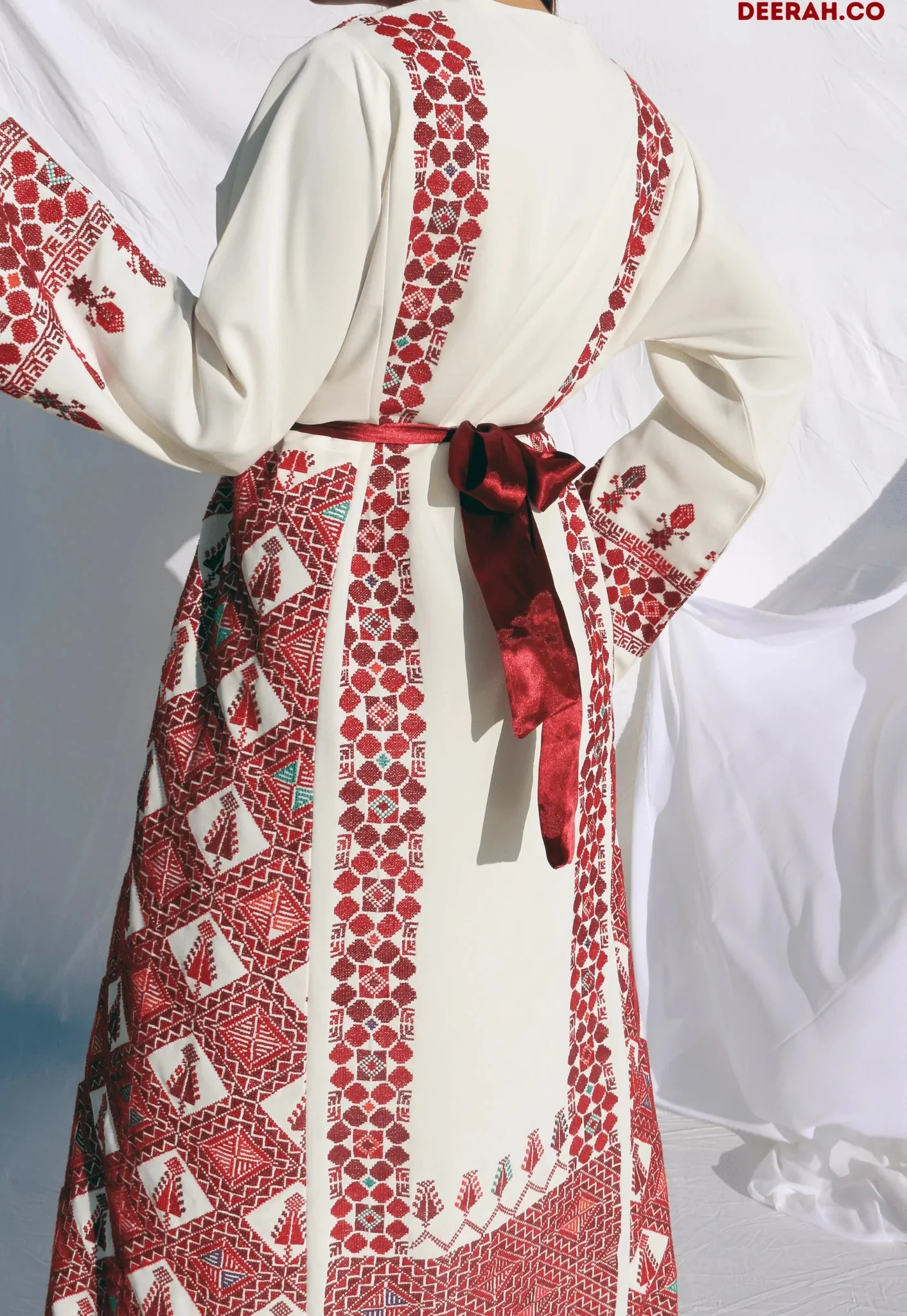Eman - Hand-Embroidered White Palestinian Wedding Thobe Dress - Image 4