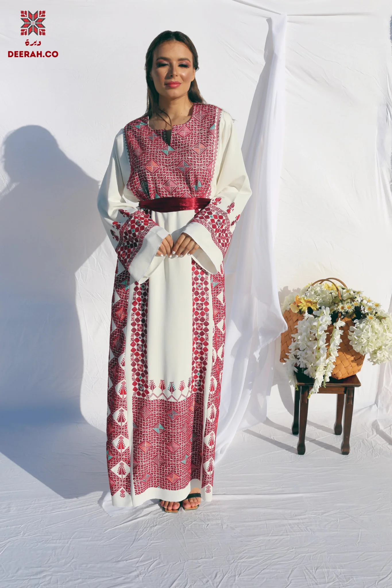 Eman - Hand-Embroidered White Palestinian Wedding Thobe Dress - Image 5