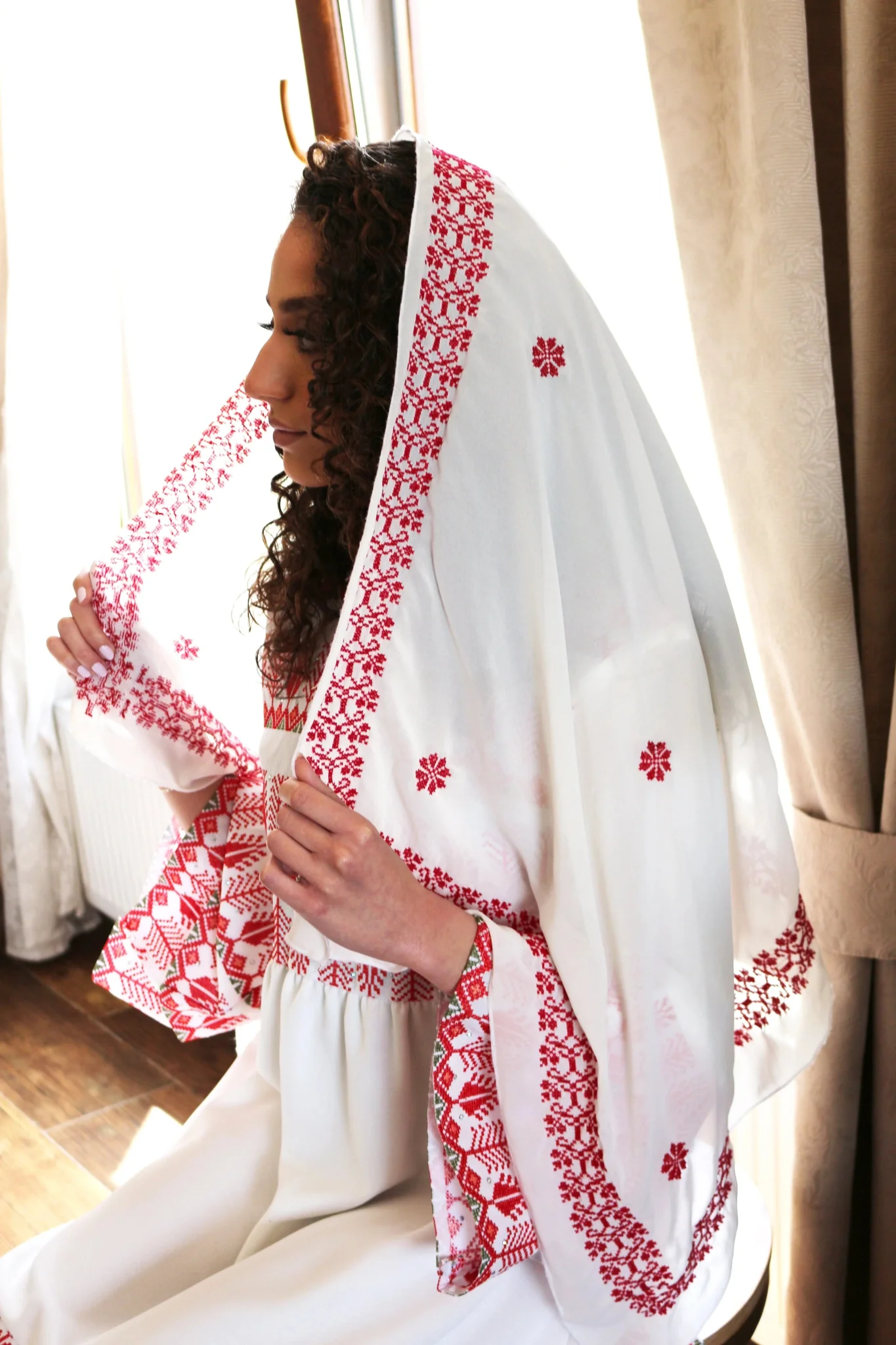 Red Hand-Embroidered Wedding Shawl - Image 3